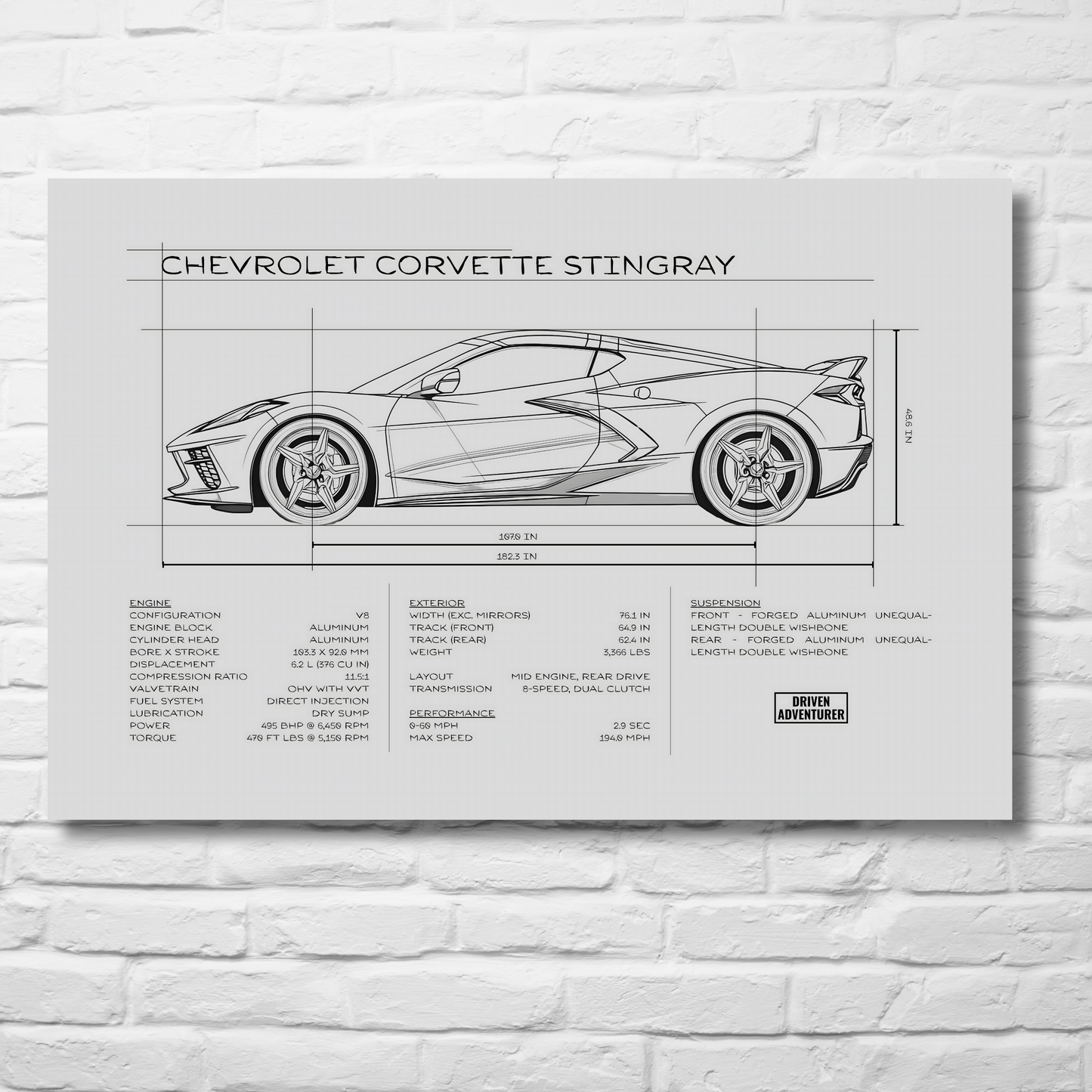 Chevrolet Corvette Stingray Spec Sheet | Monochrome Edition Aluminum Print