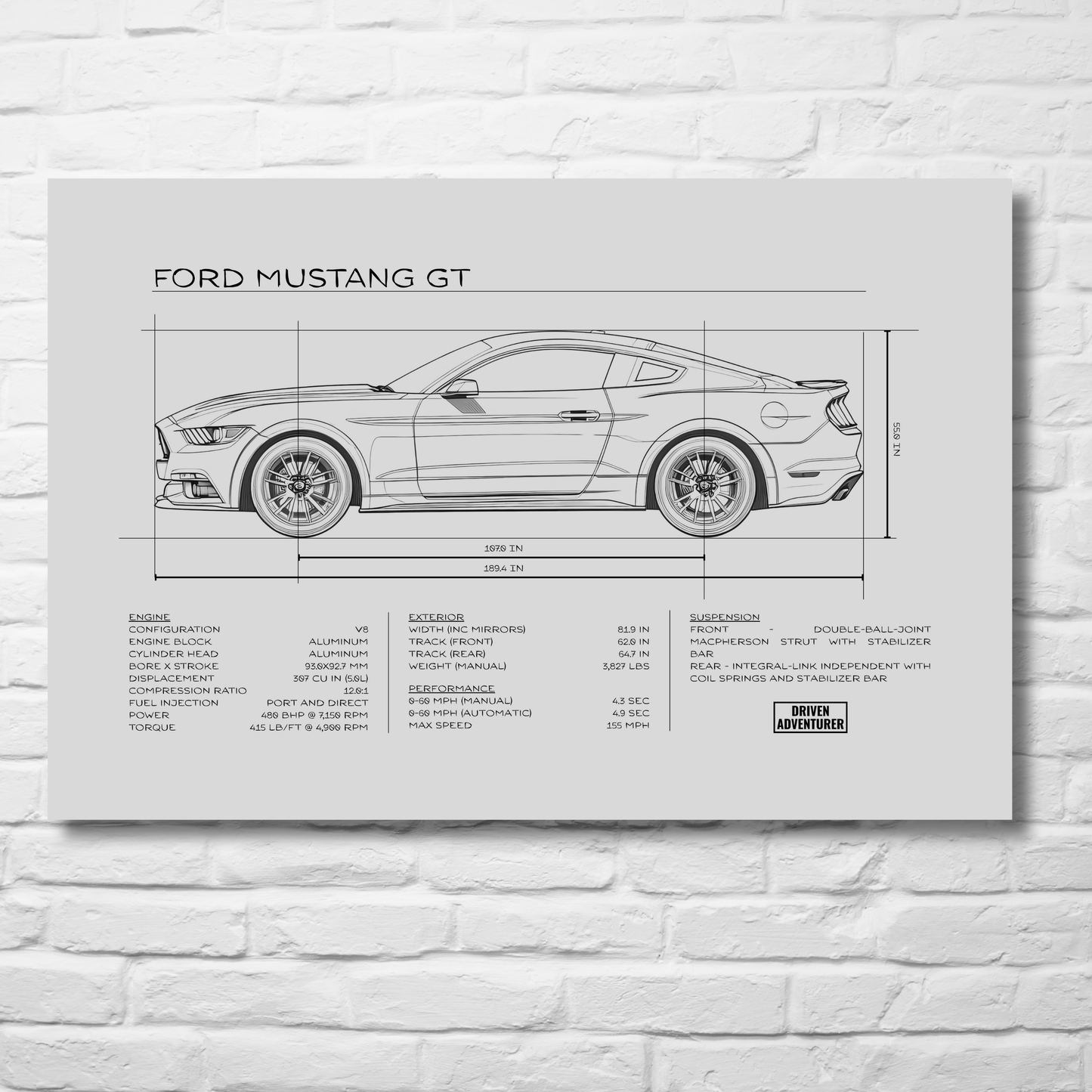 Ford Mustang GT Spec Sheet | Monochrome Edition Aluminum Print