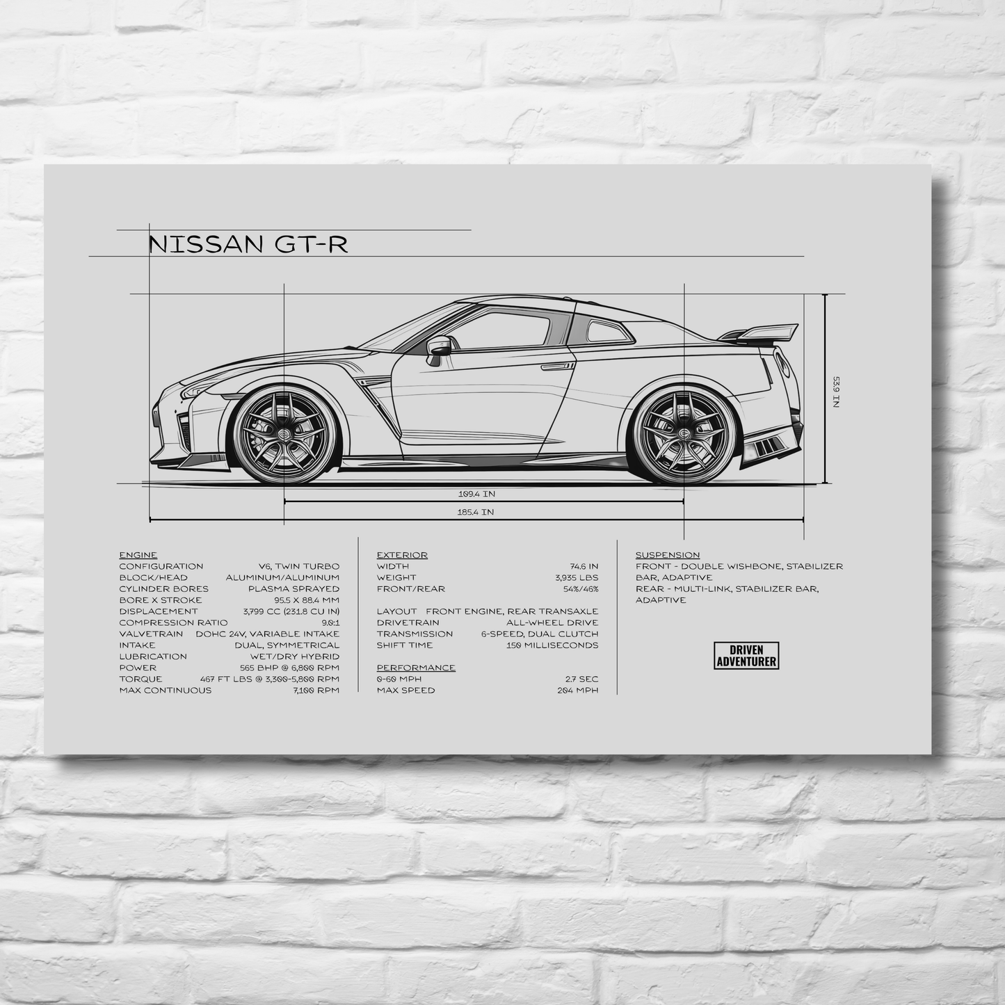 Nissan GT-R Spec Sheet | Monochrome Edition Aluminum Print