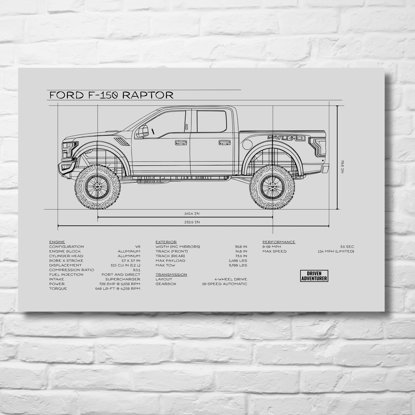 Ford F-150 Raptor Spec Sheet | Monochrome Edition Aluminum Print