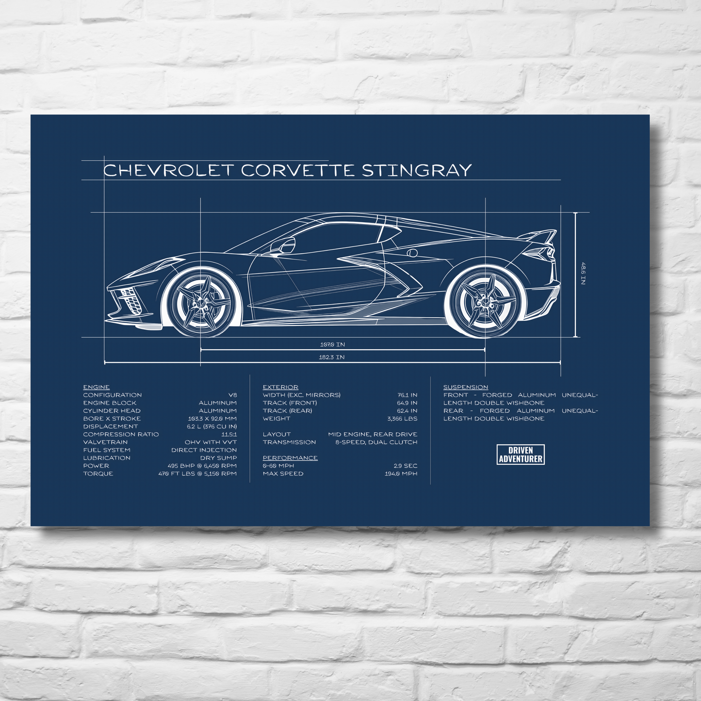 Chevrolet Corvette Stingray Spec Sheet | Blueprint Edition Aluminum Print