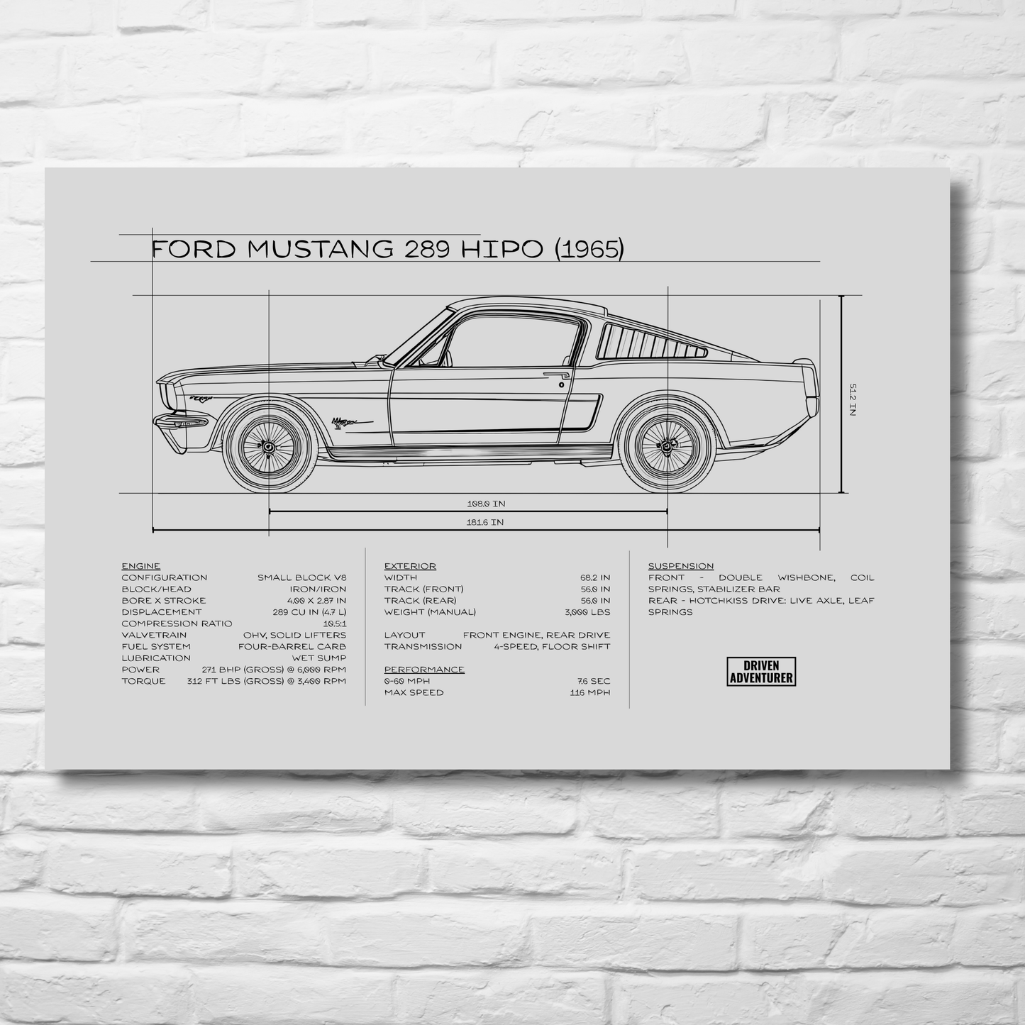 Ford Mustang 289 HiPo Spec Sheet | Monochrome Edition Aluminum Print
