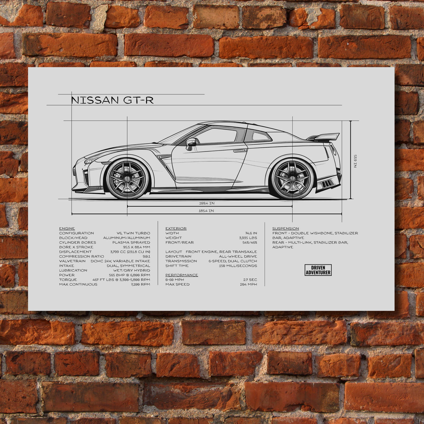 Nissan GT-R Spec Sheet | Monochrome Edition Aluminum Print