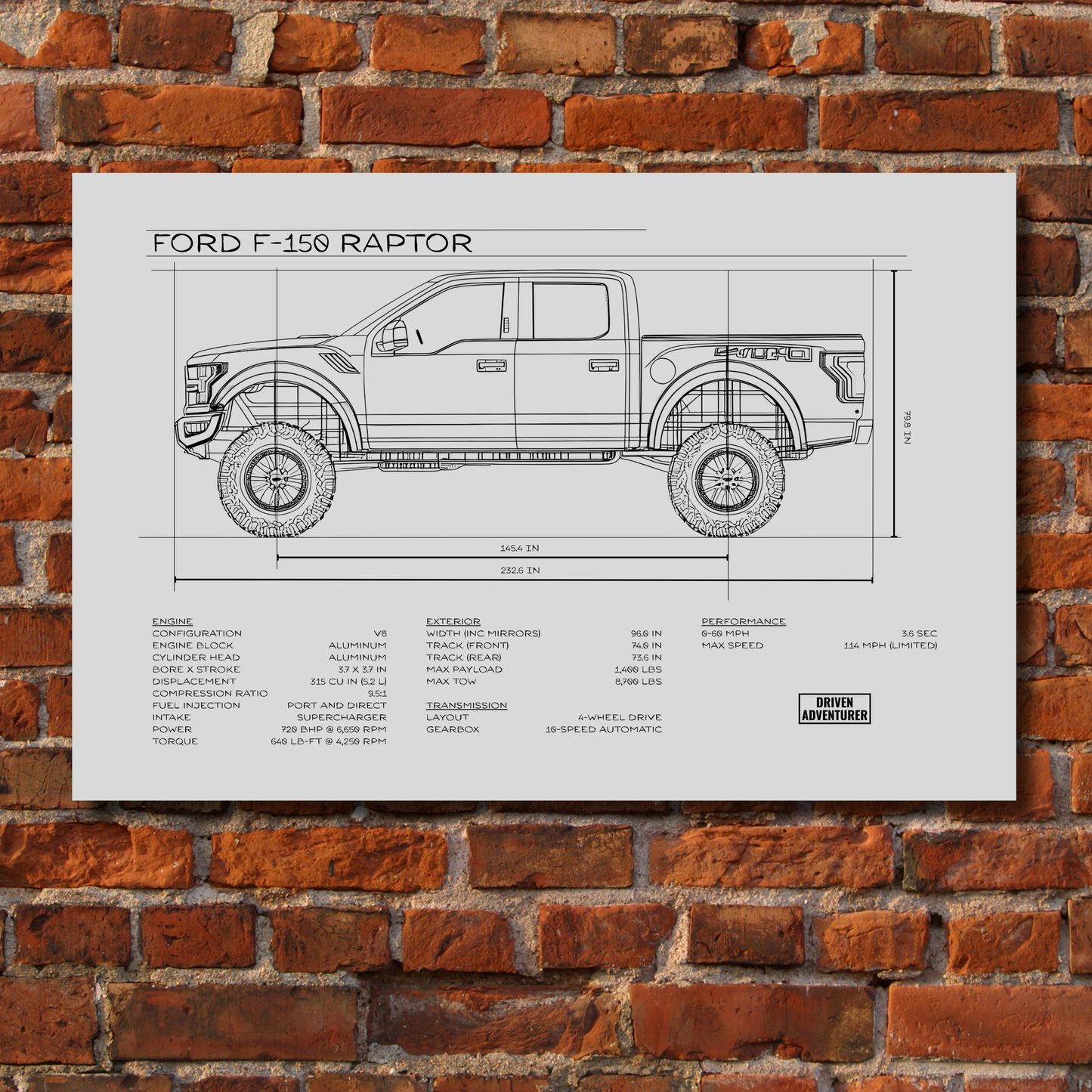 Ford F-150 Raptor Spec Sheet | Monochrome Edition Aluminum Print
