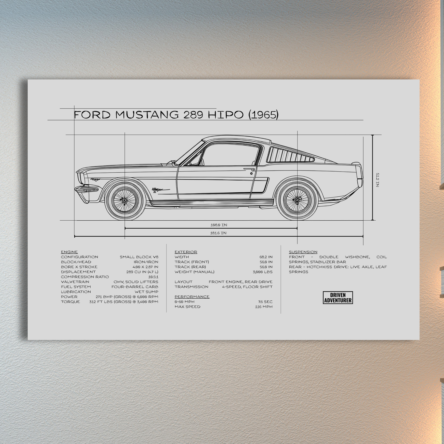 Ford Mustang 289 HiPo Spec Sheet | Monochrome Edition Aluminum Print