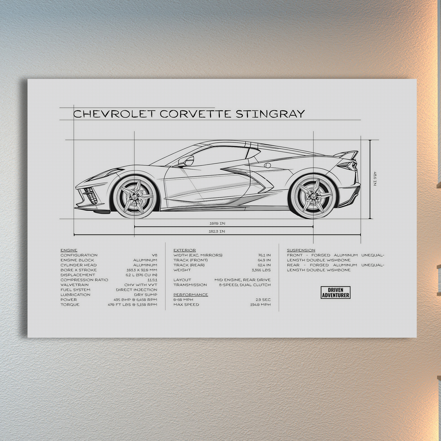 Chevrolet Corvette Stingray Spec Sheet | Monochrome Edition Aluminum Print