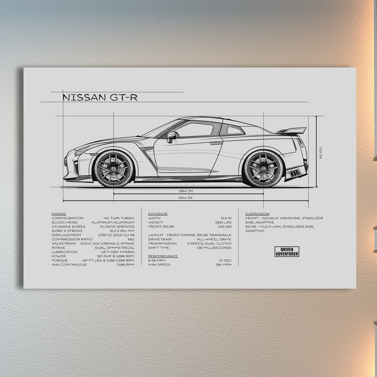 Nissan GT-R Spec Sheet | Monochrome Edition Aluminum Print
