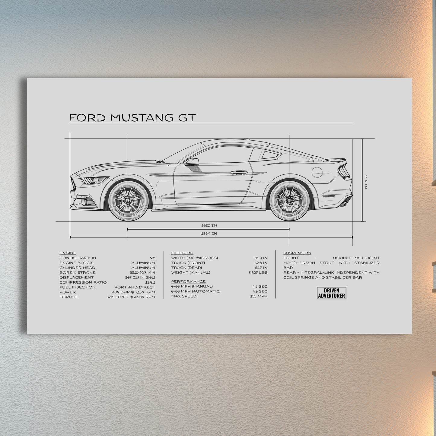 Ford Mustang GT Spec Sheet | Monochrome Edition Aluminum Print
