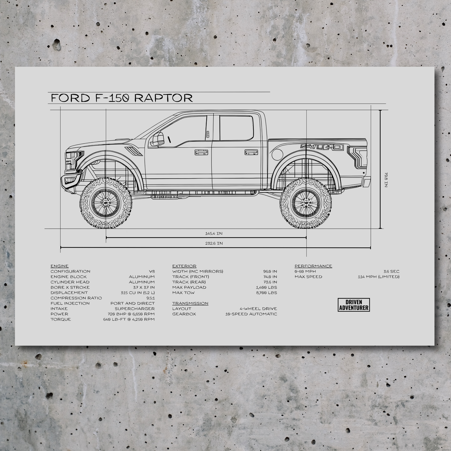 Ford F-150 Raptor Spec Sheet | Monochrome Edition Aluminum Print