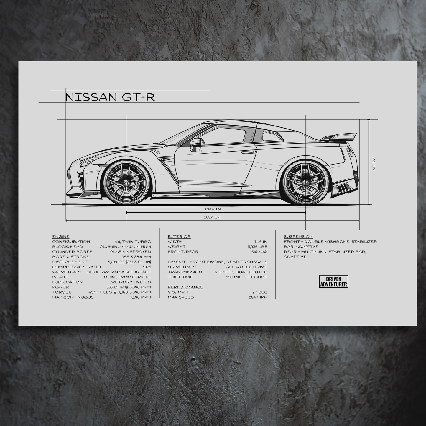 Nissan GT-R Spec Sheet | Monochrome Edition Aluminum Print