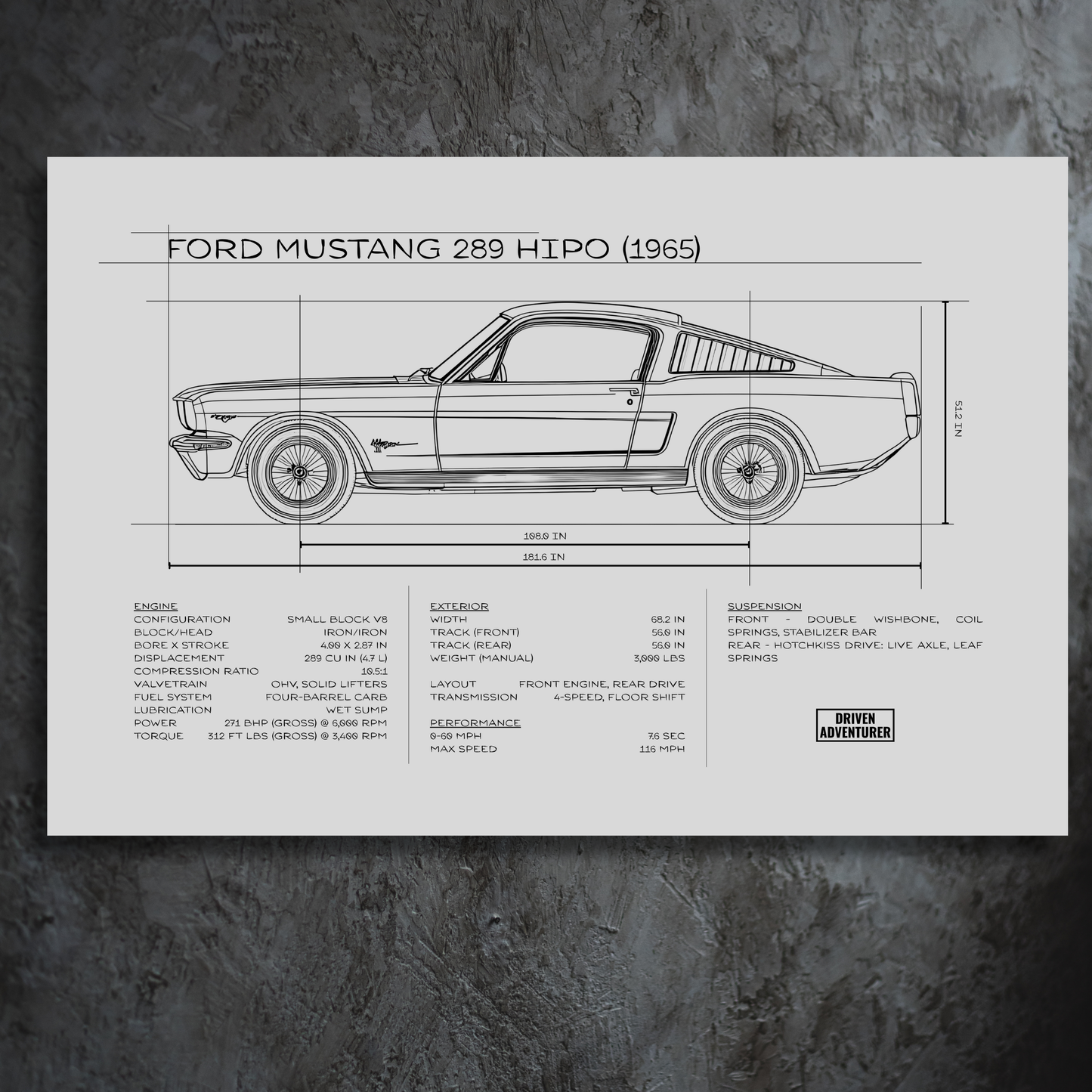 Ford Mustang 289 HiPo Spec Sheet | Monochrome Edition Aluminum Print
