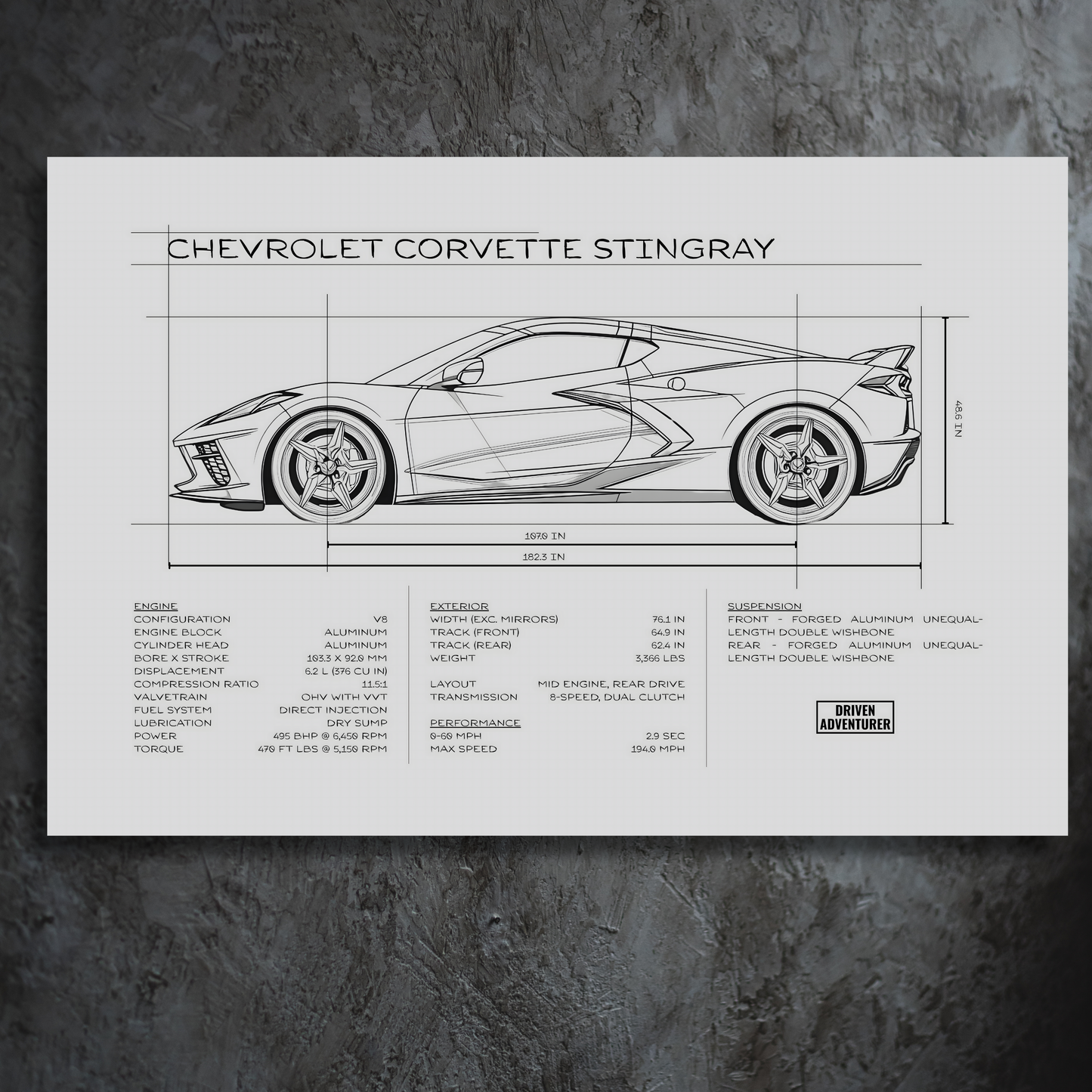 Chevrolet Corvette Stingray Spec Sheet | Monochrome Edition Aluminum Print