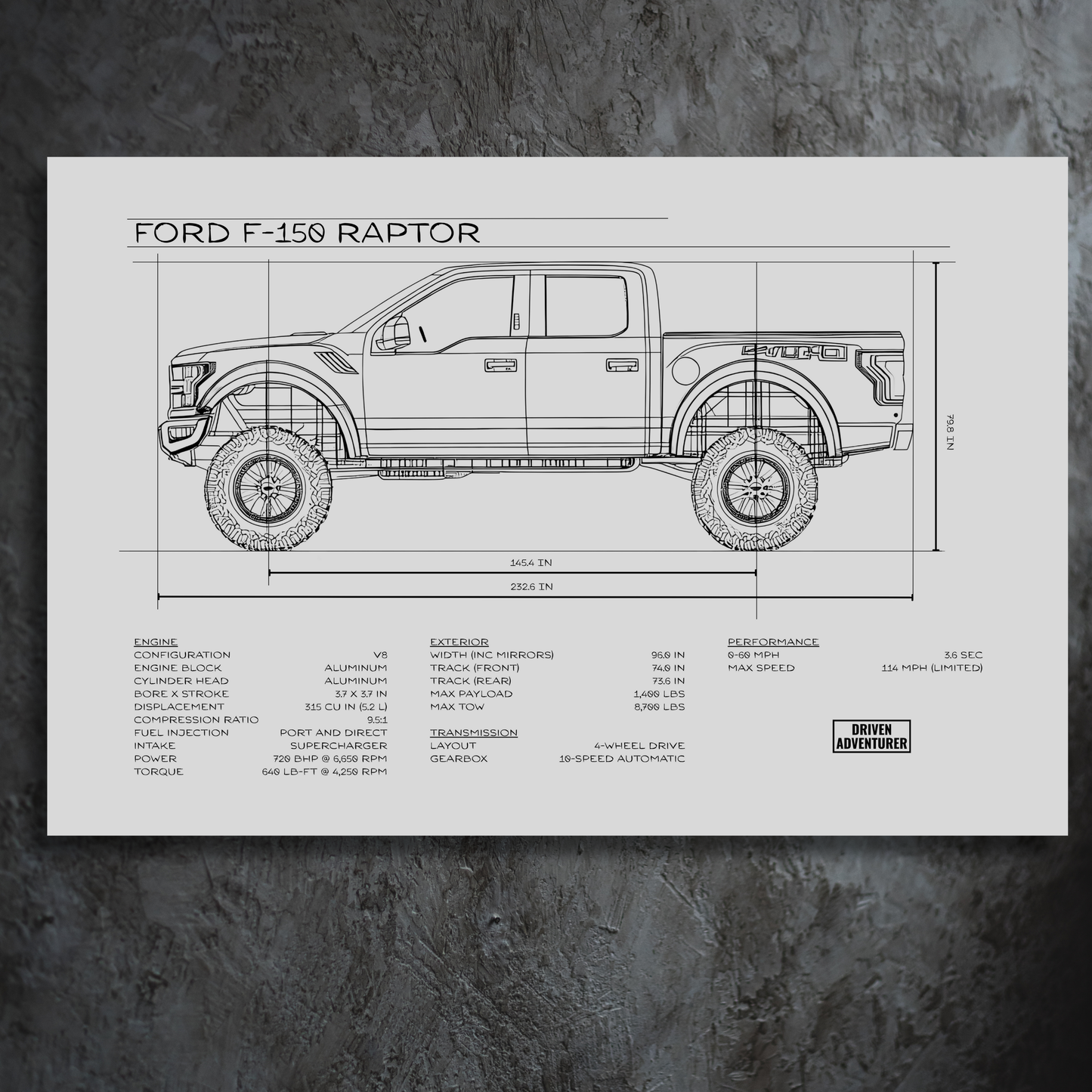 Ford F-150 Raptor Spec Sheet | Monochrome Edition Aluminum Print