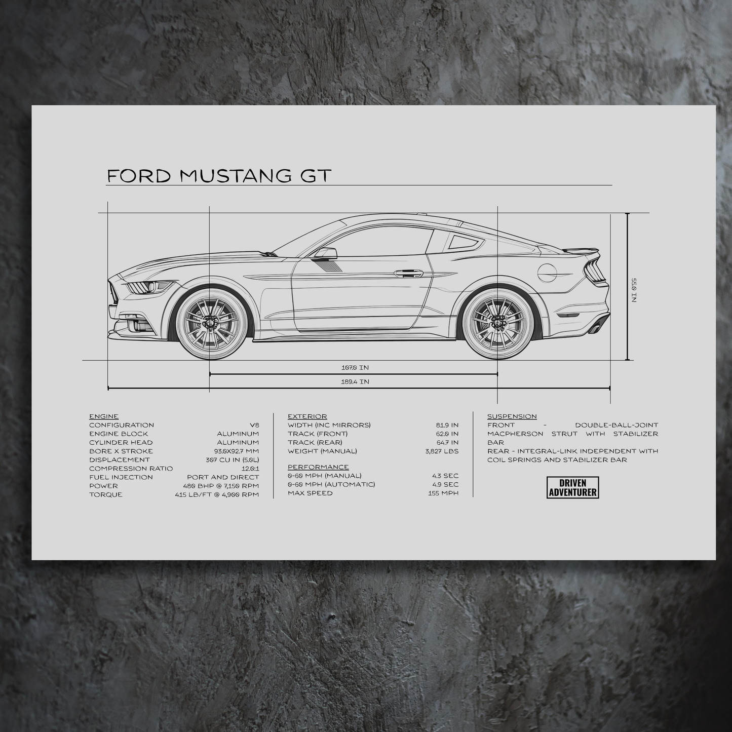 Ford Mustang GT Spec Sheet | Monochrome Edition Aluminum Print