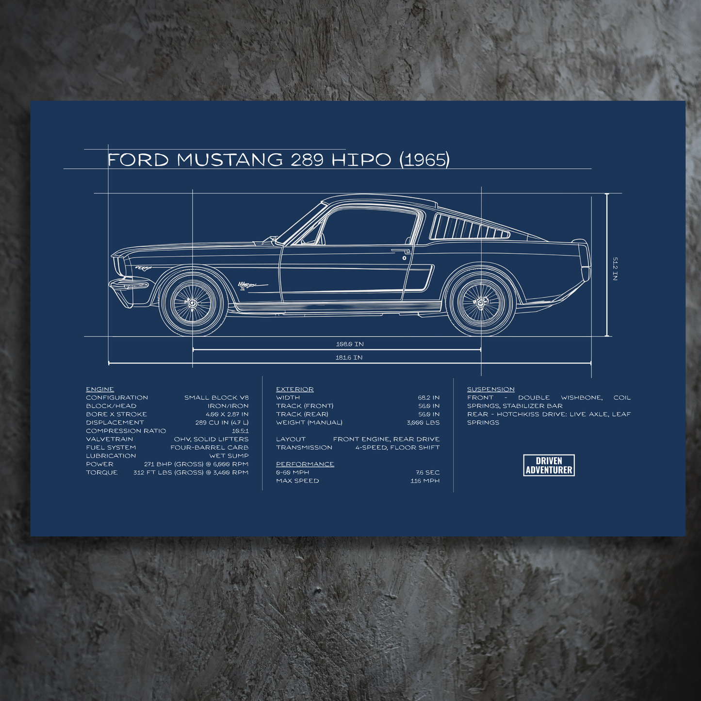 Ford Mustang 289 HiPo Spec Sheet | Blueprint Edition Aluminum Print