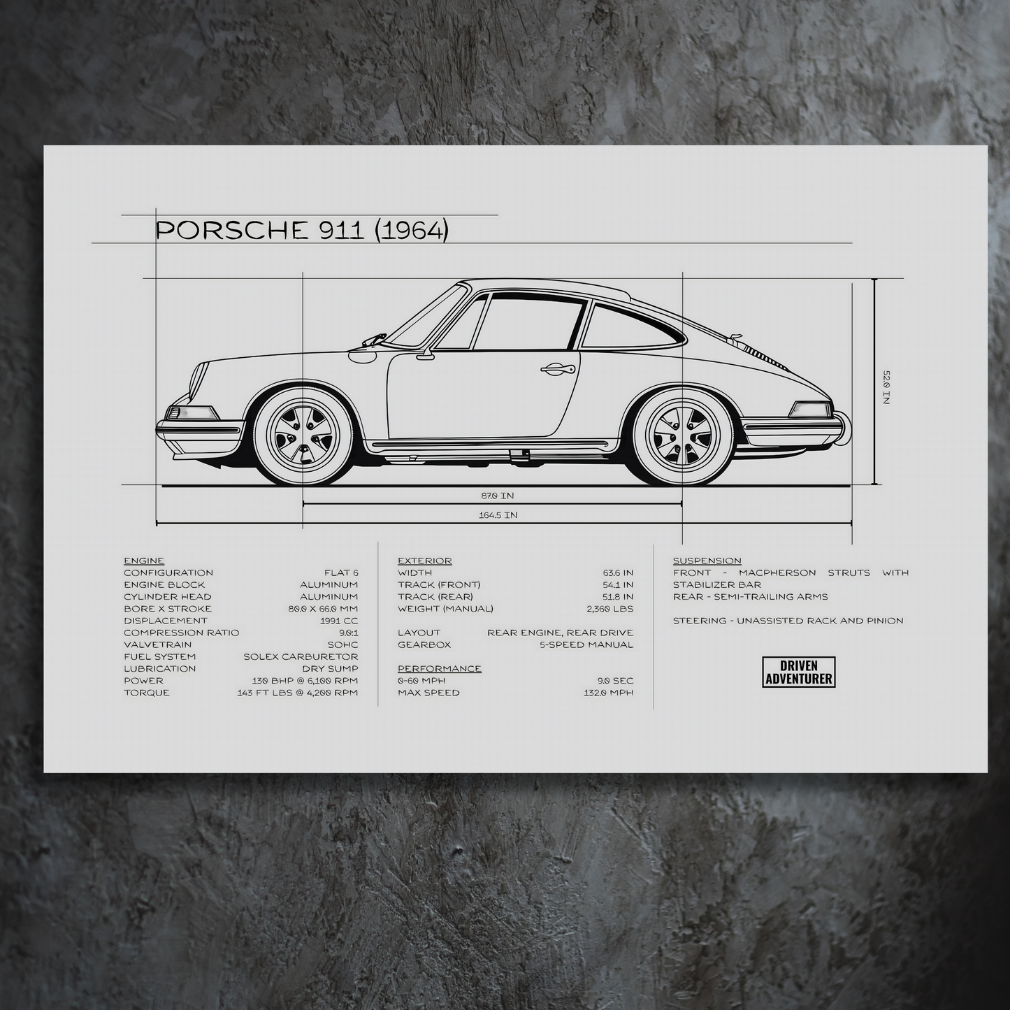 Porsche 911 Spec Sheet | Monochrome Edition Aluminum Print