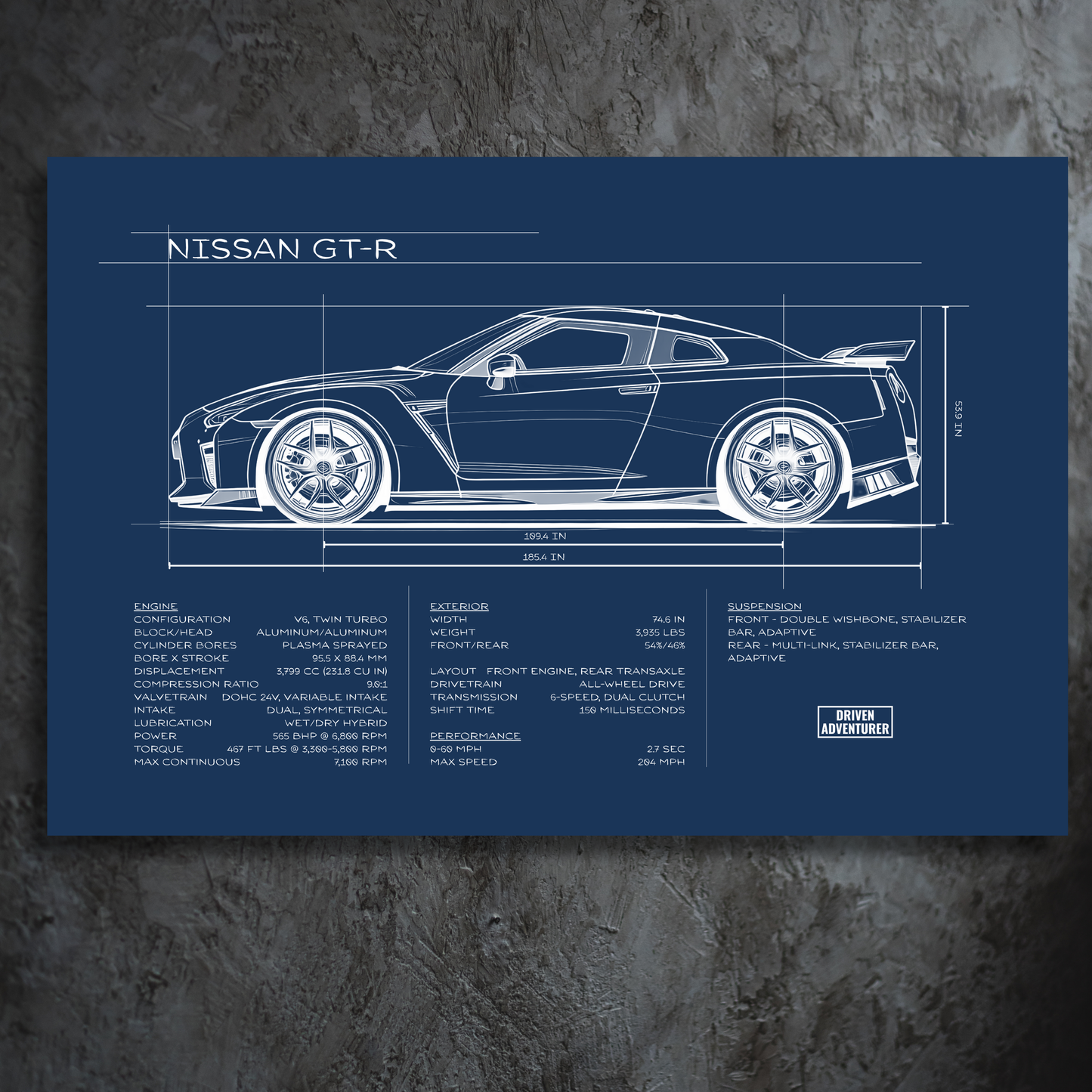 Nissan GT-R Spec Sheet | Blueprint Edition Aluminum Print