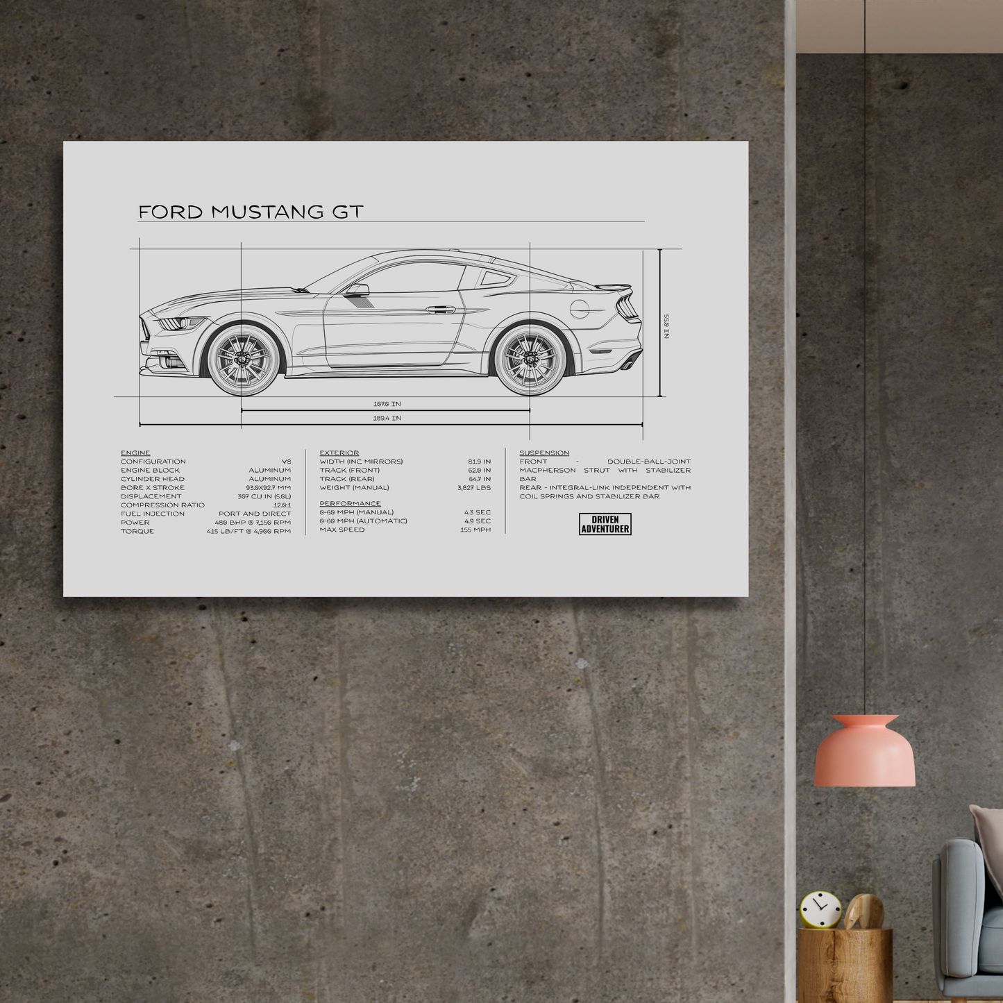 Ford Mustang GT Spec Sheet | Monochrome Edition Aluminum Print