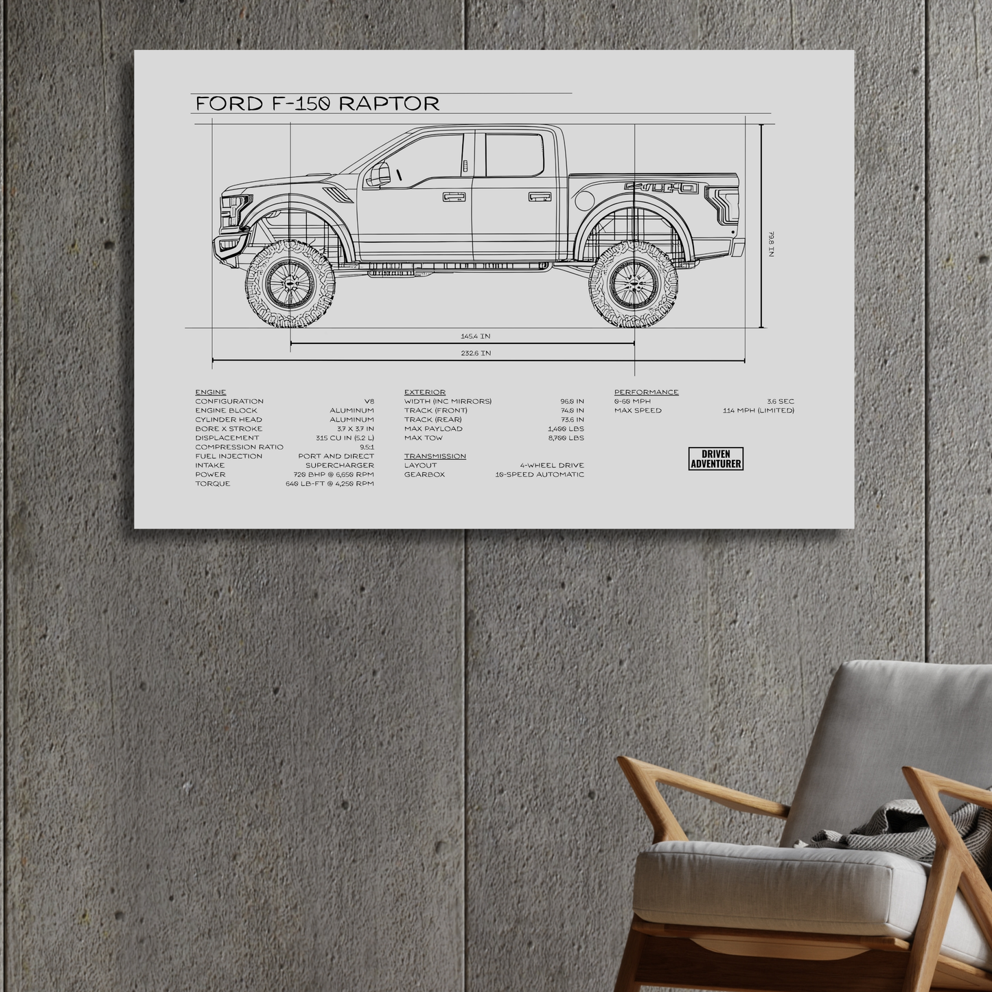 Ford F-150 Raptor Spec Sheet | Monochrome Edition Aluminum Print