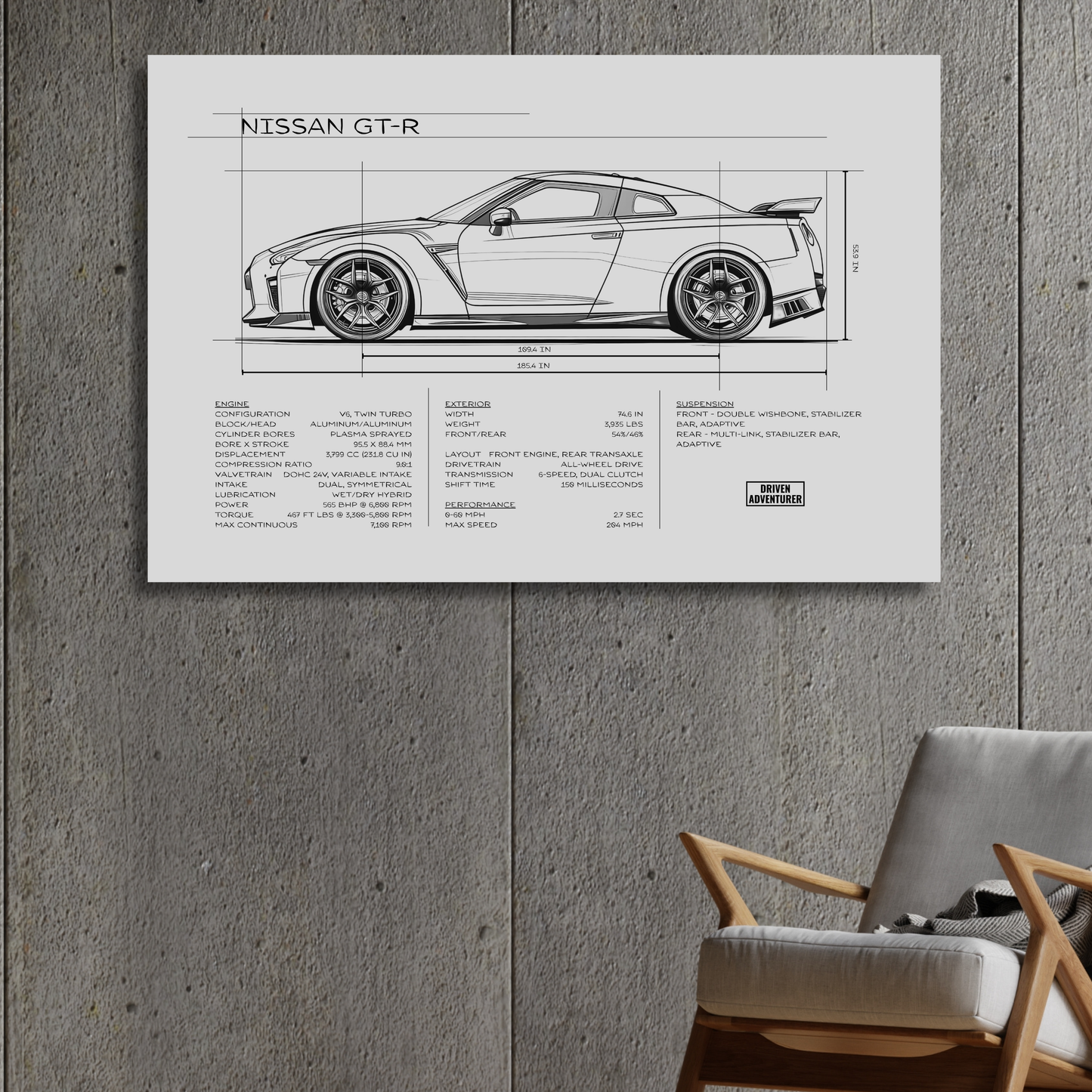 Nissan GT-R Spec Sheet | Monochrome Edition Aluminum Print