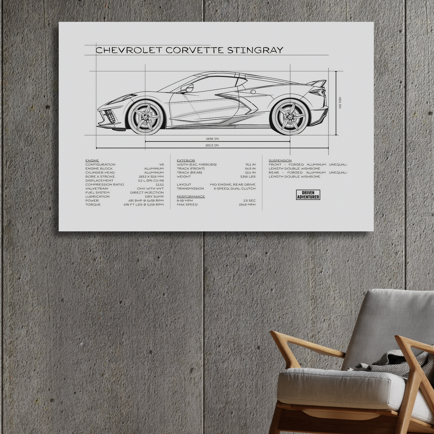 Chevrolet Corvette Stingray Spec Sheet | Monochrome Edition Aluminum Print