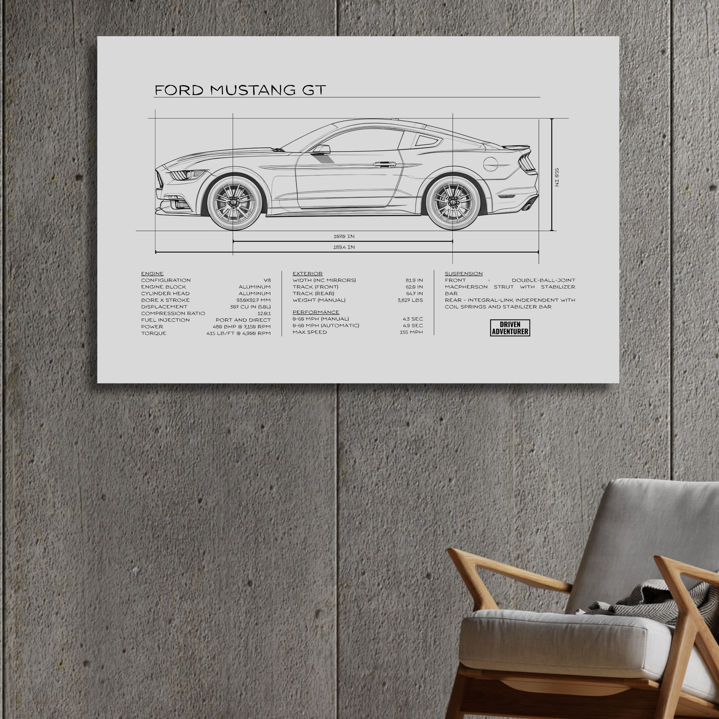 Ford Mustang GT Spec Sheet | Monochrome Edition Aluminum Print