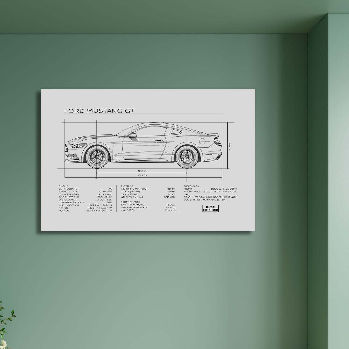 Ford Mustang GT Spec Sheet | Monochrome Edition Aluminum Print