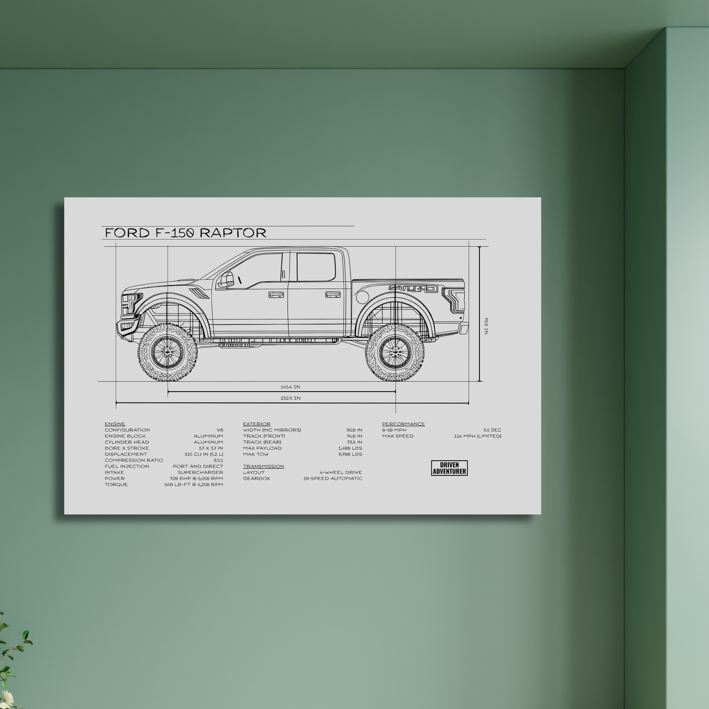 Ford F-150 Raptor Spec Sheet | Monochrome Edition Aluminum Print