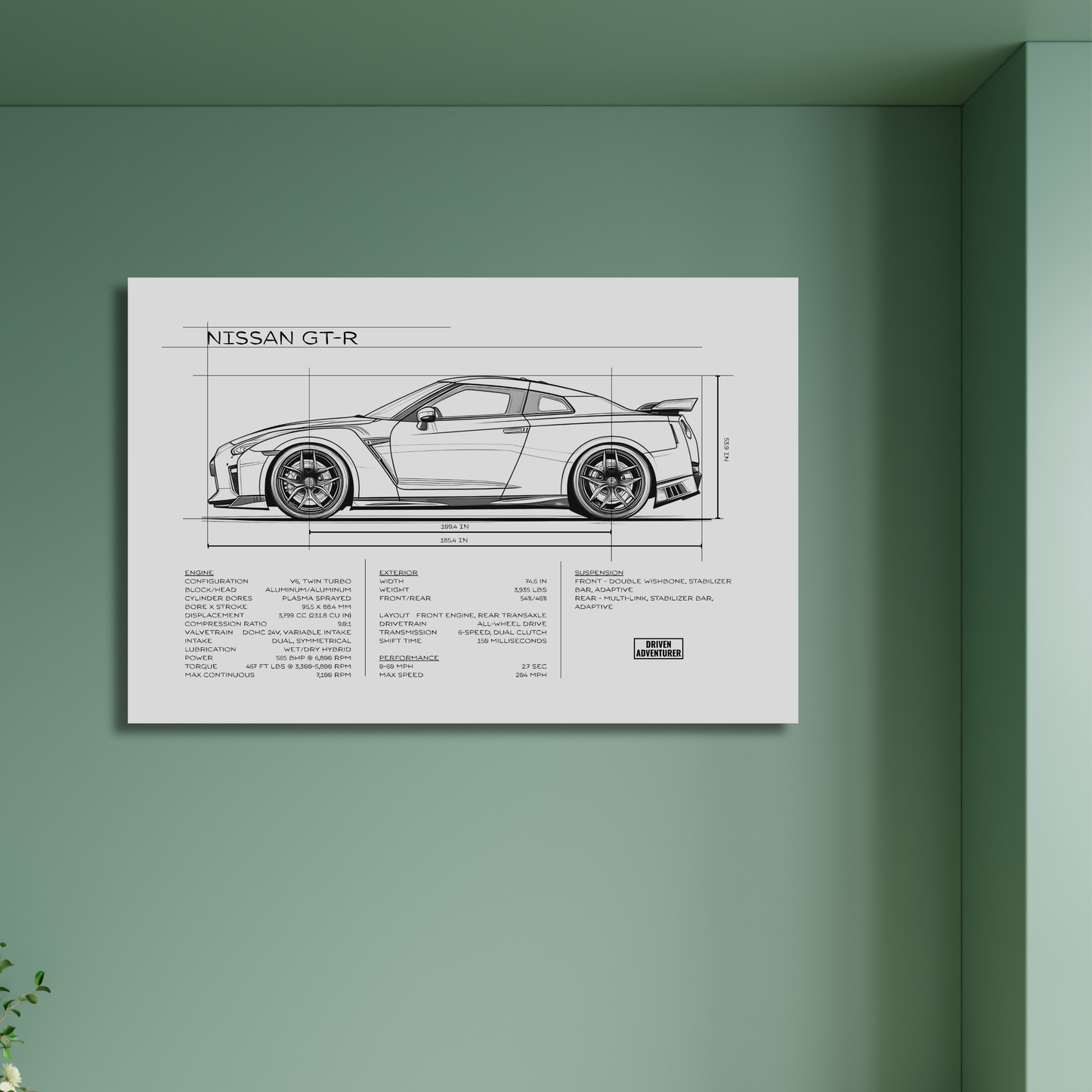 Nissan GT-R Spec Sheet | Monochrome Edition Aluminum Print